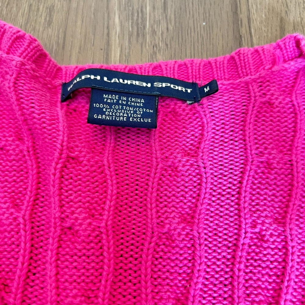Ralph Lauren Sport Medium Hot Pink Cable Knit V Neck Cotton Sweater Preppy - Picture 3 of 7